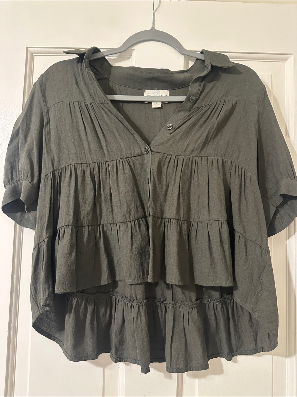 Francesca's Collections Olive Tiered Ruffle Button-Up Top